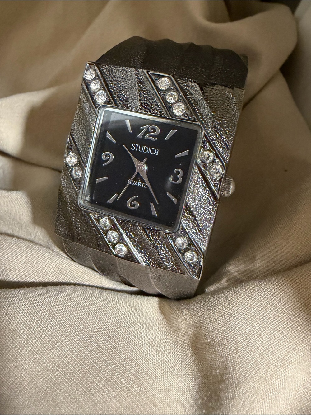 Studio Silver-Tone Women's Square Crystal Accent Watch with Black Dial